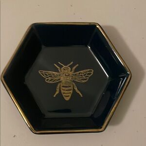 Hexagonal Black and Gold Dish with Bee Design. #patron